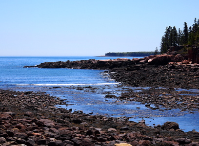 [Shallow water inlet from the ocean on middle left flowing to lower right of frame. Lots of visible stones in the water. Evergreens seen on shorline to the upper right.]